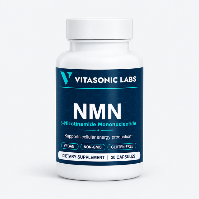 Vitasonic Labs NMN, front-facing bottle on a pale gray background