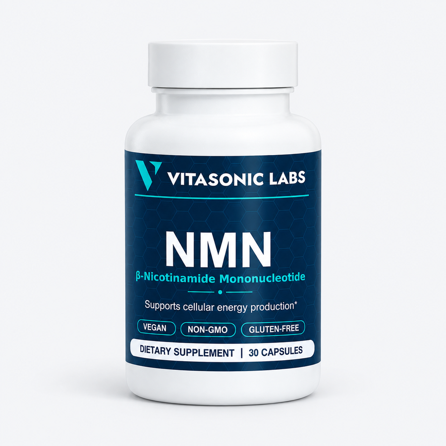 Vitasonic Labs NMN, front-facing bottle on a pale gray background