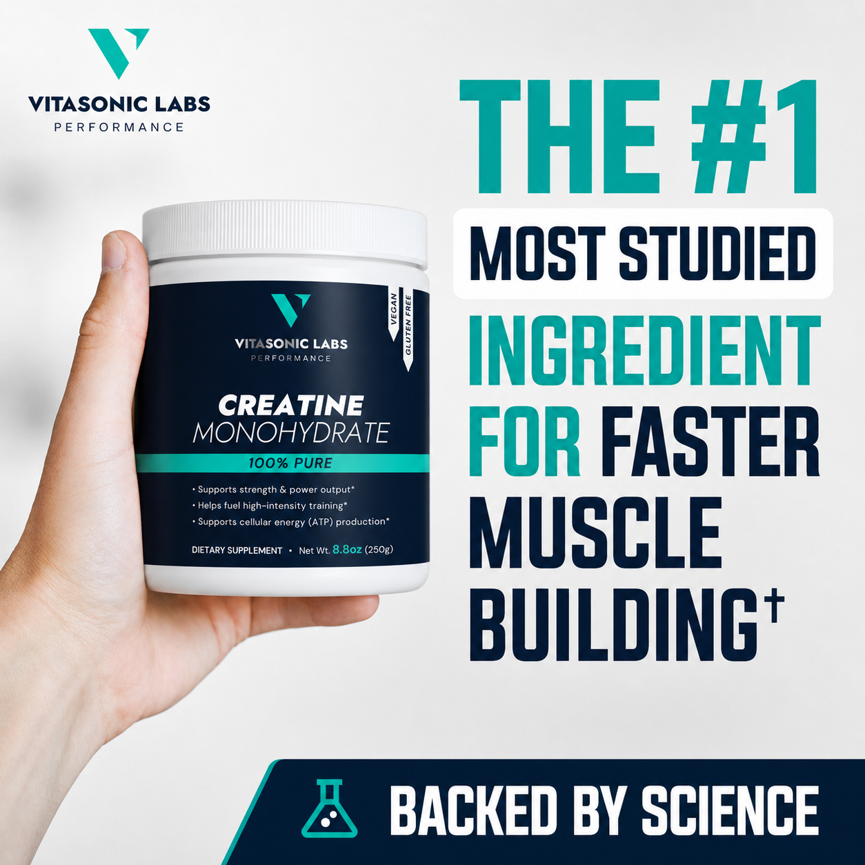 Vitasonic Labs Creatine Monohydrate backed by science ad