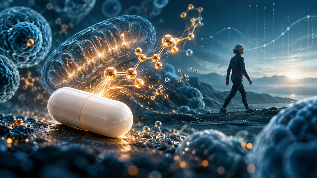 NMN capsule with cellular mitochondria imagery and an older adult walking, illustrating research on NAD+ biomarkers and physical function