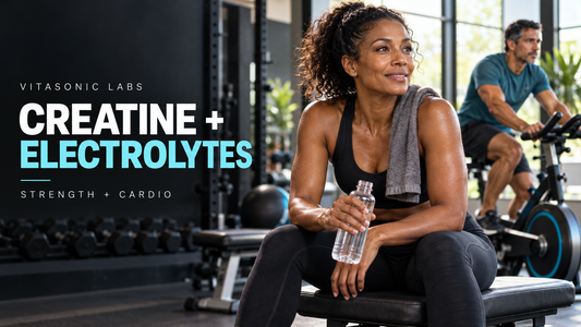 Vitasonic Labs Creatine and Electrolytes banner showing a woman with a water bottle after lifting and a man cycling in a gym.