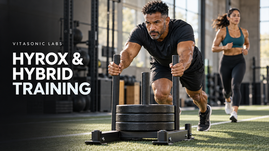 Vitasonic Labs HYROX and hybrid training banner showing a man pushing a weighted sled and a woman jogging in a gym.