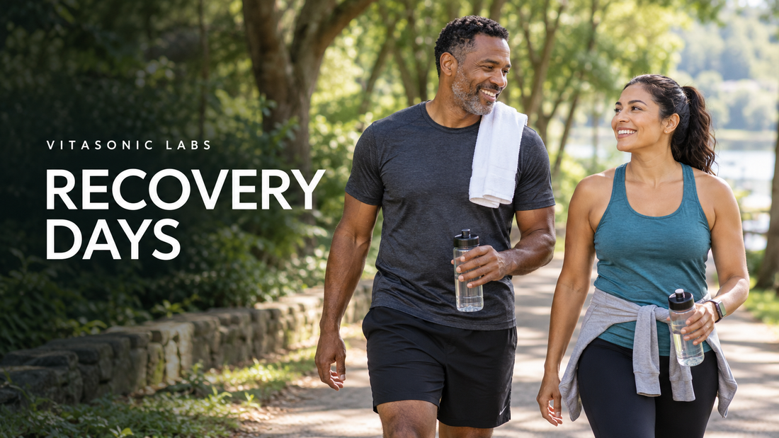 Vitasonic Labs recovery days banner showing two adults taking a relaxed walk on a shaded park path.