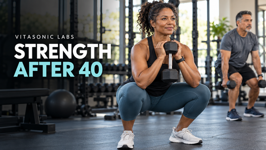 Vitasonic Labs strength after 40 banner showing a woman performing a goblet squat and a man training with dumbbells.