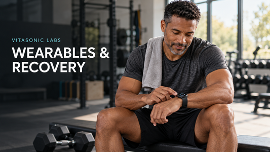 Vitasonic Labs wearables and recovery banner showing a seated man checking a fitness smartwatch before a workout.