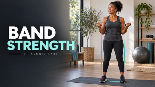 Adult woman performing a standing resistance-band curl at home; Band Strength, Vitasonic Labs.