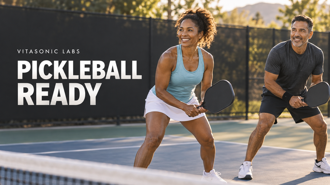 Vitasonic Labs Pickleball Ready banner showing two adults in a comfortable ready stance on a pickleball court.
