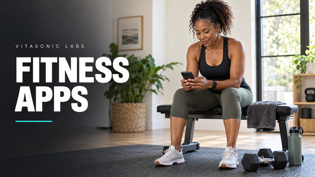 Vitasonic Labs Fitness Apps banner with an adult woman checking her phone beside home workout equipment.