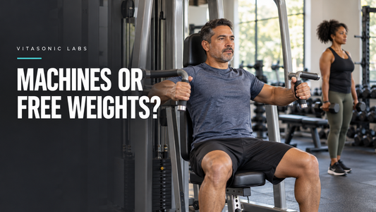 Vitasonic Labs Machines or Free Weights banner showing an adult man at a chest-press machine and a woman holding dumbbells.