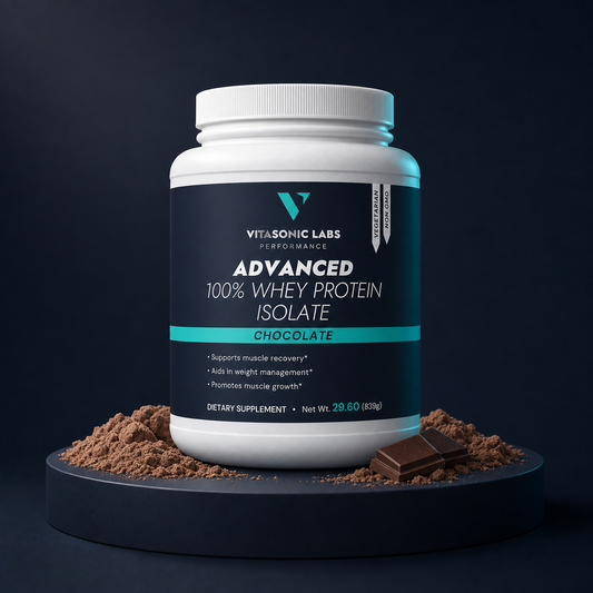 Vitasonic Labs Chocolate Whey Protein Isolate premium product tub