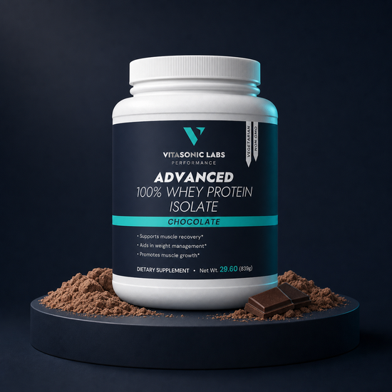 Vitasonic Labs Chocolate Whey Protein Isolate premium product tub