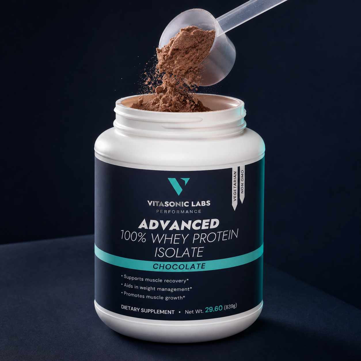 Scoop of Vitasonic Labs Chocolate Whey Protein Isolate