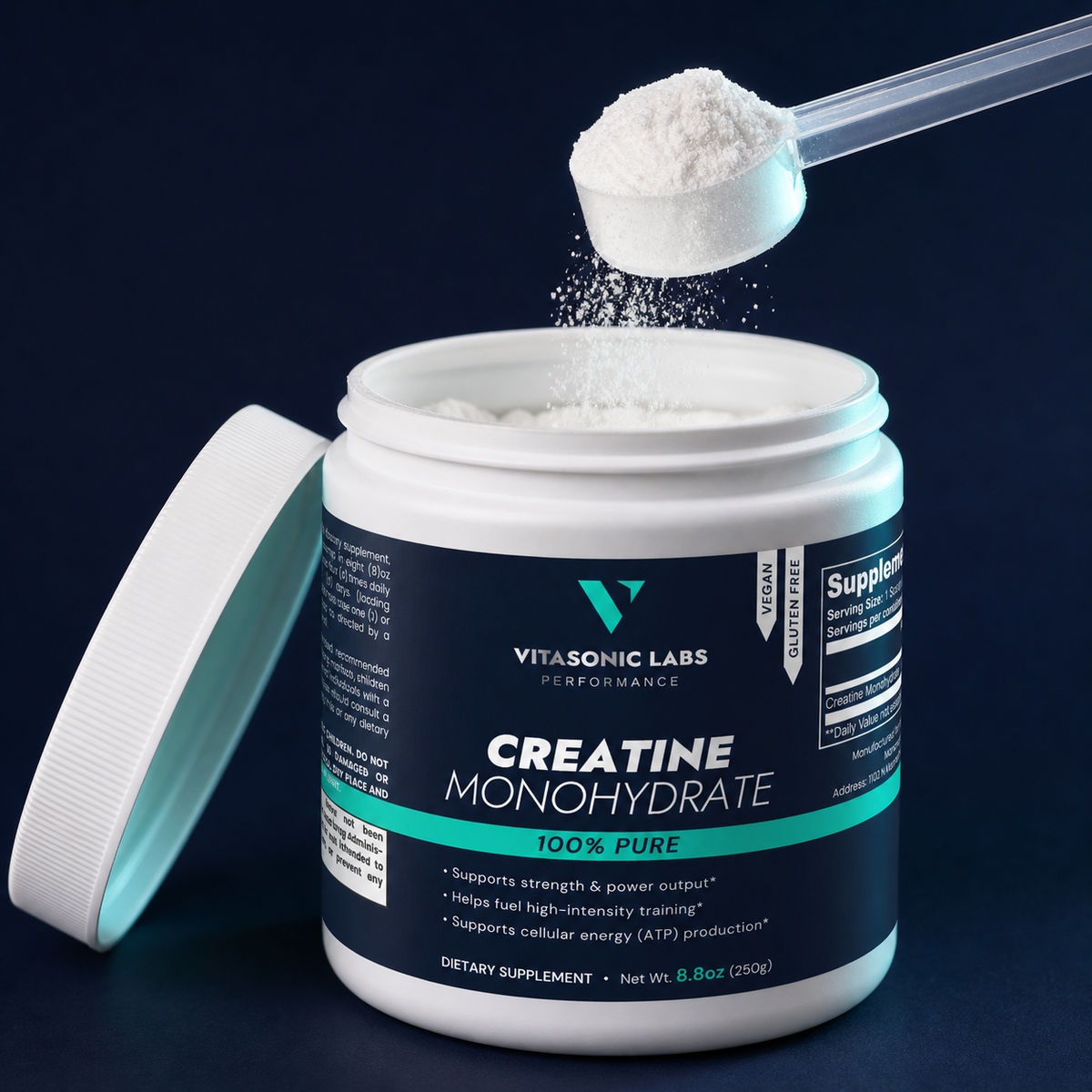 Scoop of Vitasonic Labs Creatine Monohydrate powder
