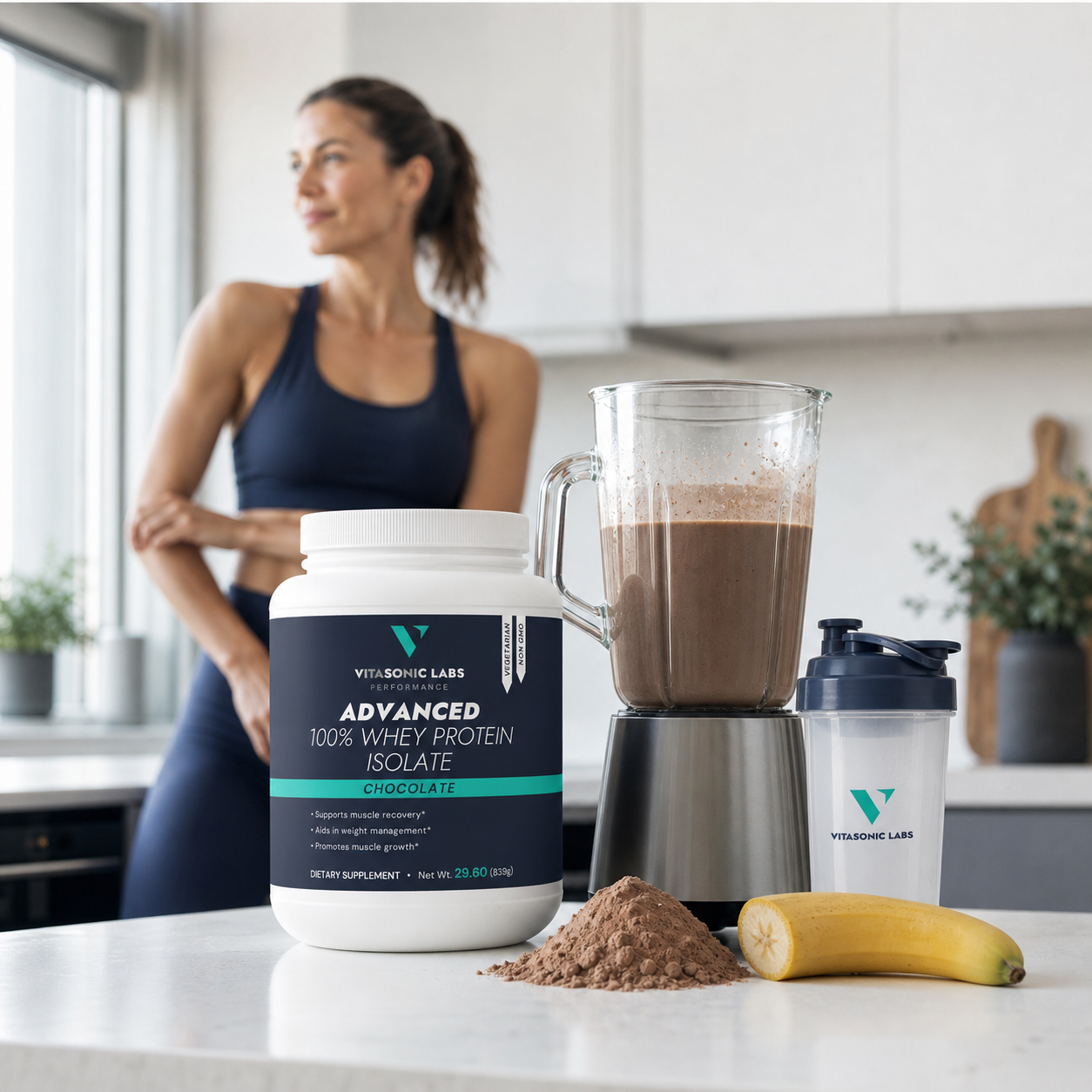Vitasonic Labs Chocolate Whey Protein Isolate in a daily kitchen routine