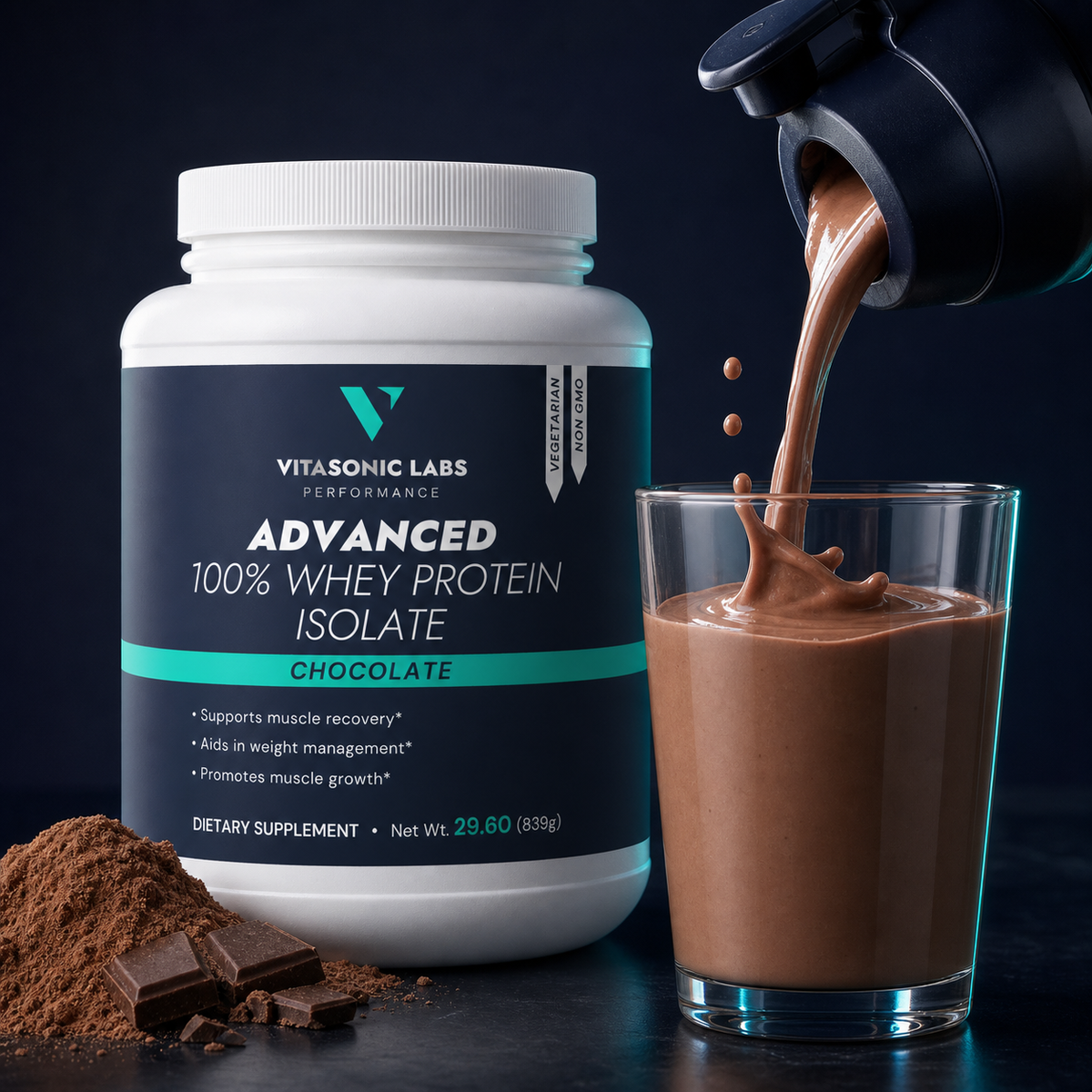 Chocolate protein shake made with Vitasonic Labs Whey Protein Isolate