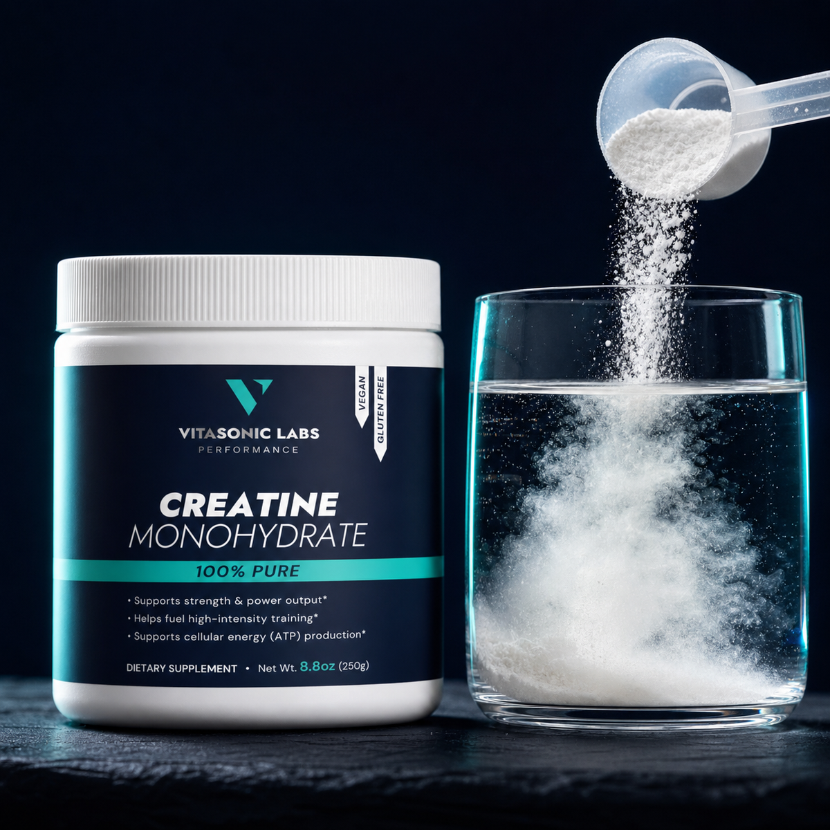 Vitasonic Labs Creatine Monohydrate mixing clearly in water