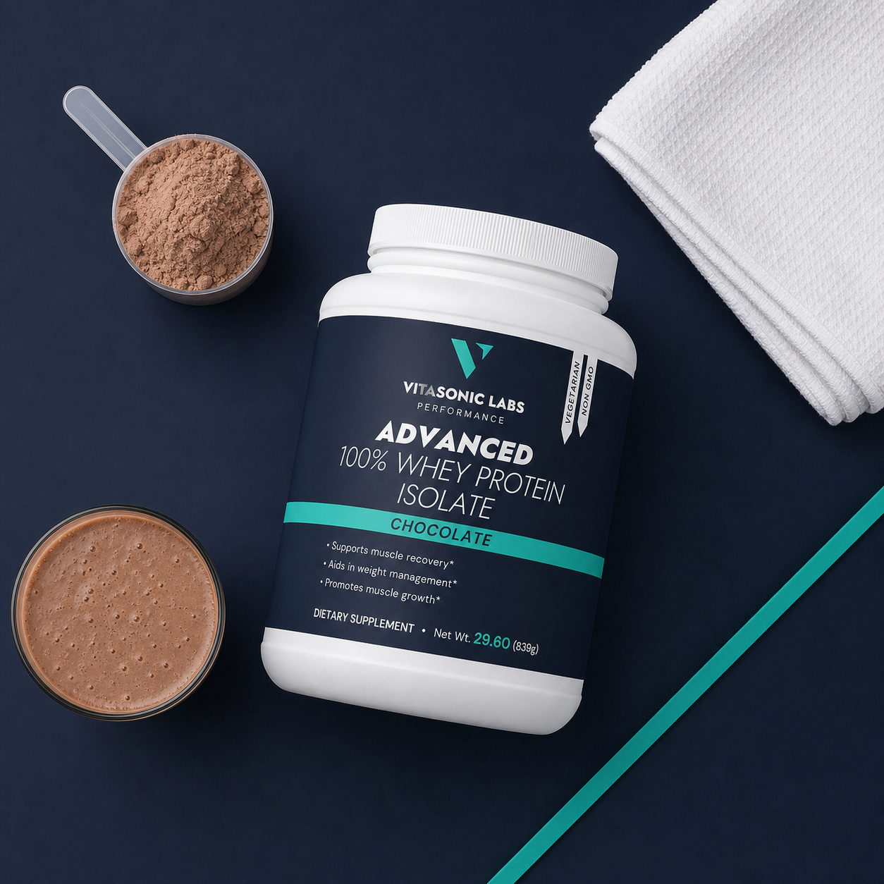 Vitasonic Labs Whey Protein Isolate athletic flat lay