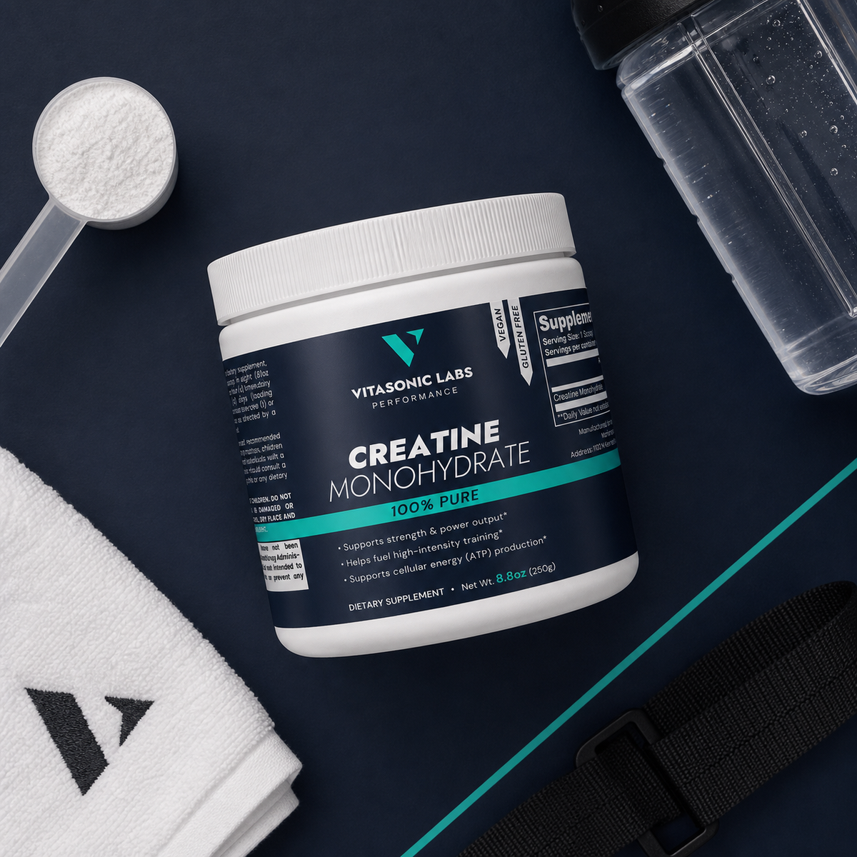 Vitasonic Labs Creatine Monohydrate athletic flat lay
