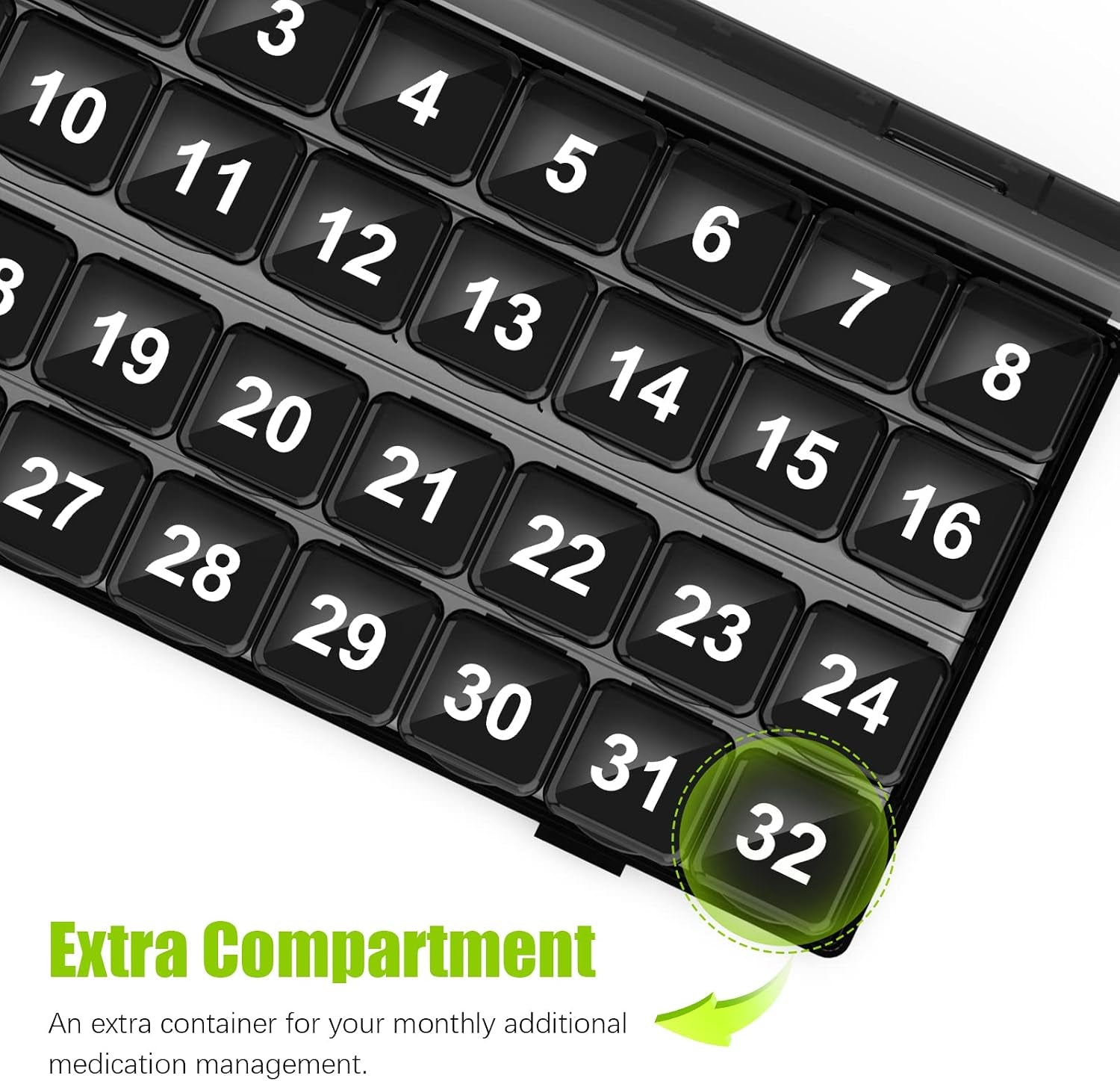 32-Day Monthly Pill Organizer – Large Compartments, Easy Squeeze-Open, Bpa-Free Portable Travel Case with Bonus Storage Pod (Black)