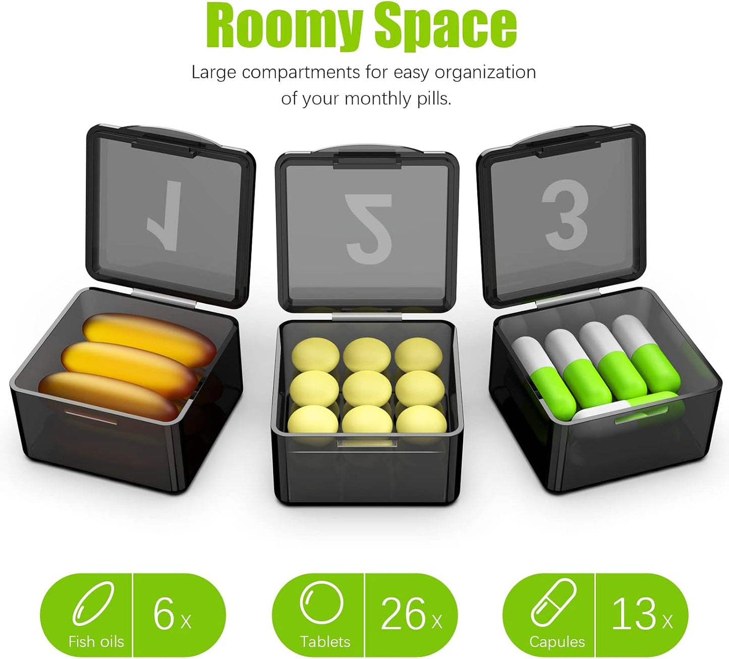 32-Day Monthly Pill Organizer – Large Compartments, Easy Squeeze-Open, Bpa-Free Portable Travel Case with Bonus Storage Pod (Black)