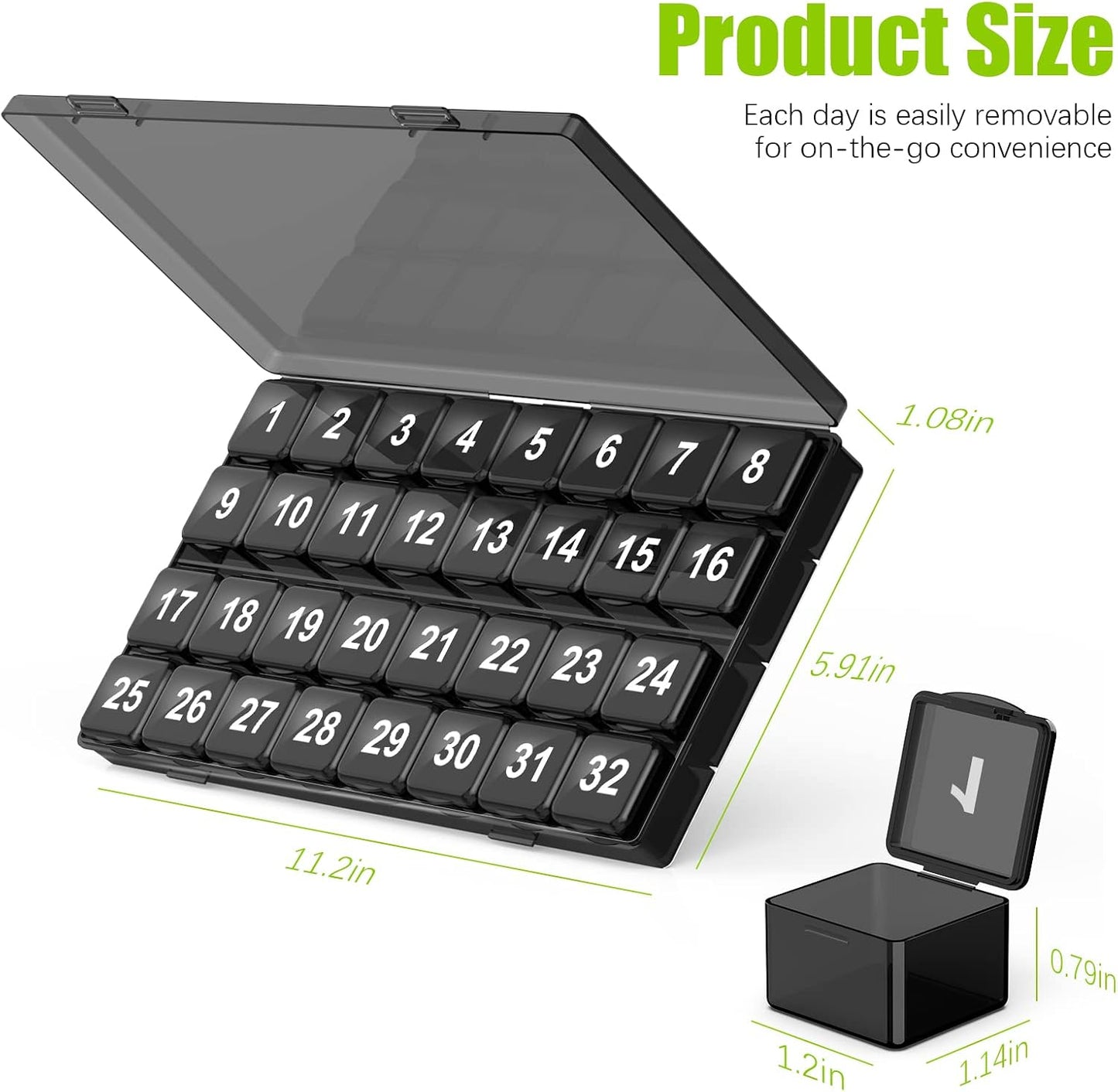 32-Day Monthly Pill Organizer – Large Compartments, Easy Squeeze-Open, Bpa-Free Portable Travel Case with Bonus Storage Pod (Black)