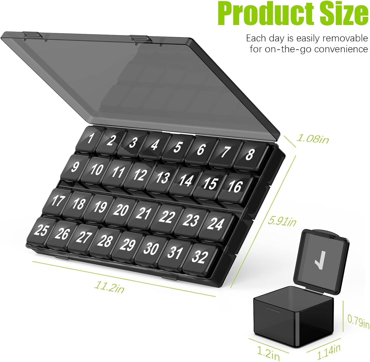 32-Day Monthly Pill Organizer – Large Compartments, Easy Squeeze-Open, Bpa-Free Portable Travel Case with Bonus Storage Pod (Black)