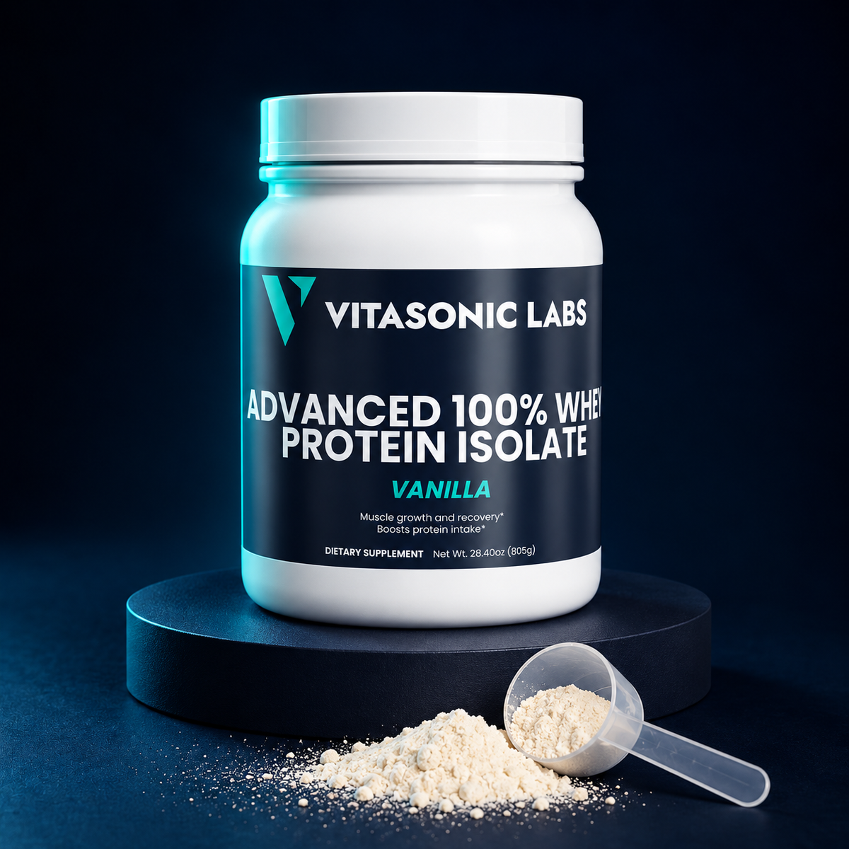 Vitasonic Labs Advanced 100% Whey Protein Isolate Vanilla premium product tub