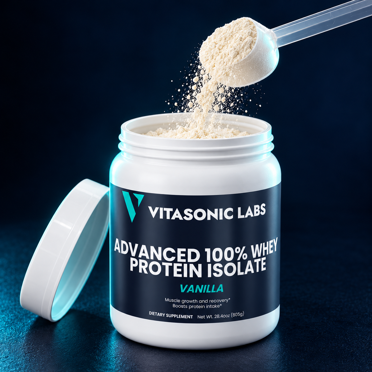 Scoop of Vitasonic Labs Advanced 100% Whey Protein Isolate Vanilla powder