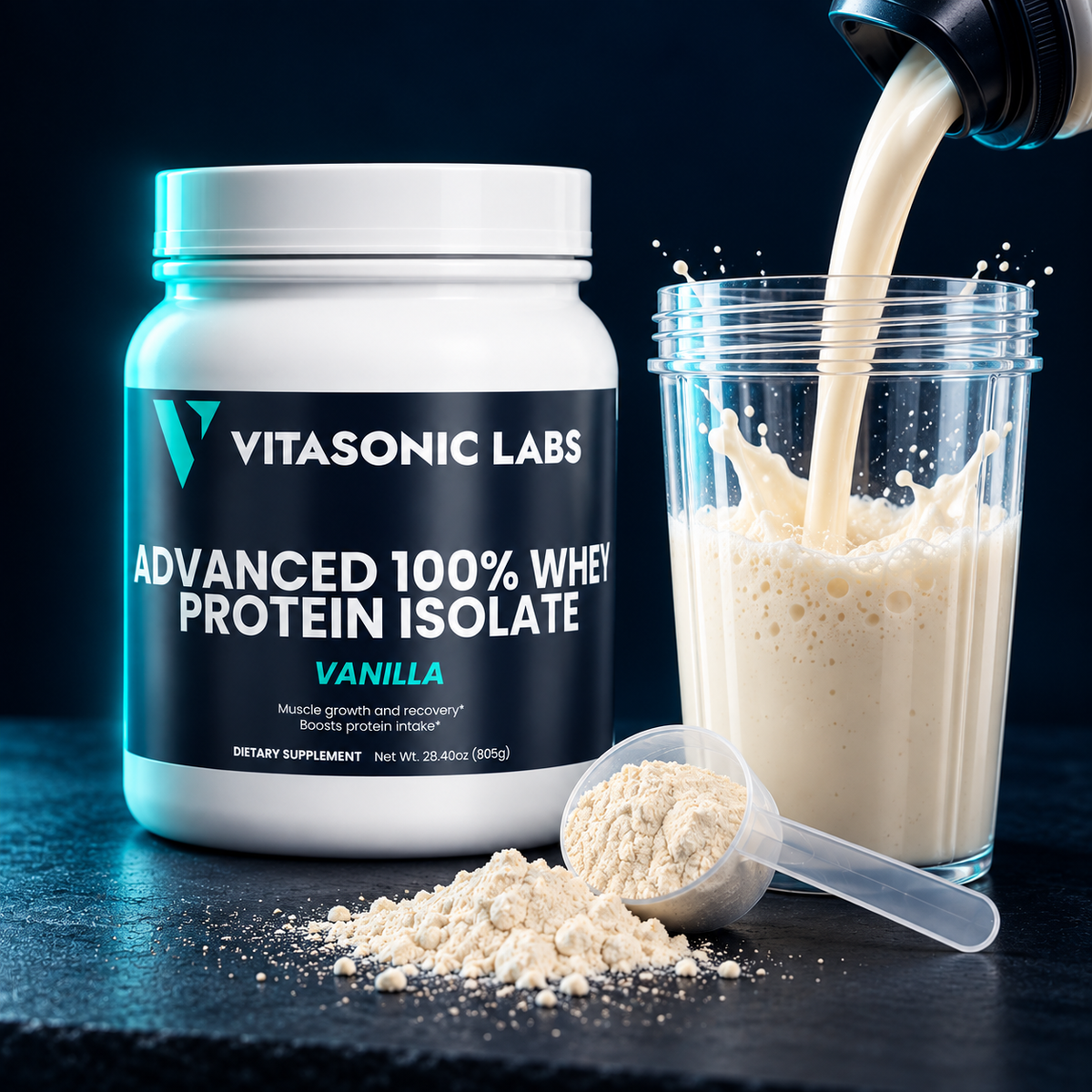Vanilla protein shake made with Vitasonic Labs Advanced 100% Whey Protein Isolate