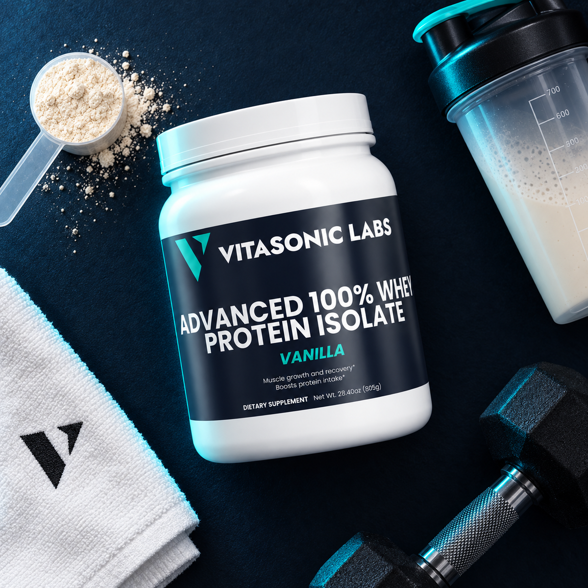 Vitasonic Labs Advanced 100% Whey Protein Isolate Vanilla athletic flat lay