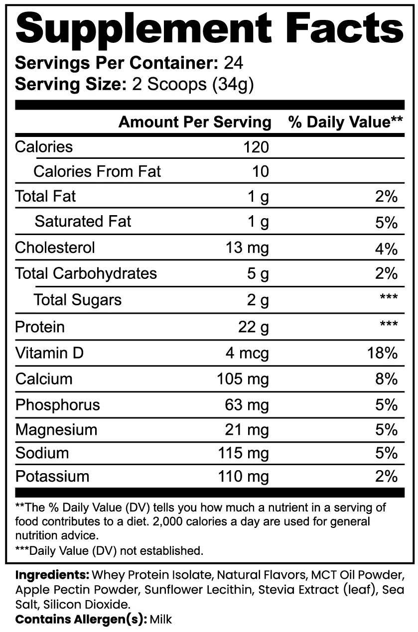Vitasonic Labs Advanced 100% Whey Protein Isolate Vanilla supplement facts