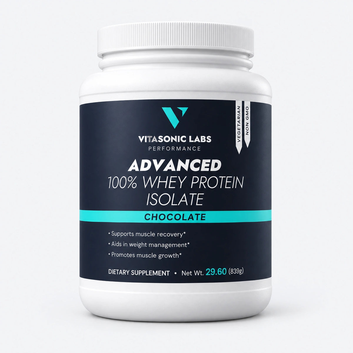 Vitasonic Labs Advanced 100% Whey Protein Isolate (Chocolate), front-facing container on a pale gray background