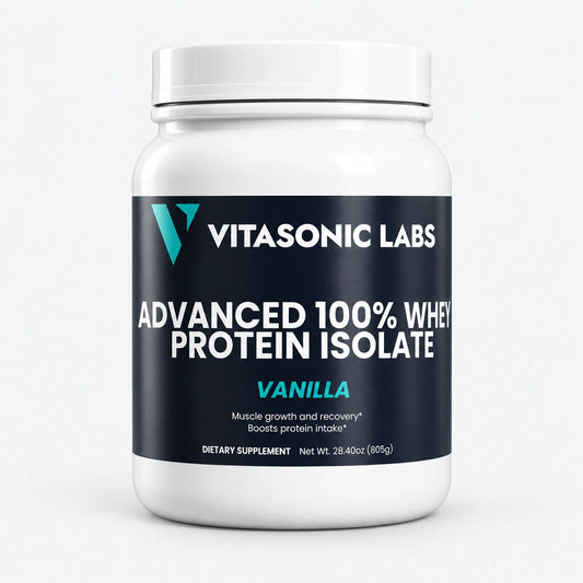 Vitasonic Labs Advanced 100% Whey Protein Isolate (Vanilla), front-facing container on a pale gray background