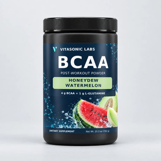 Vitasonic Labs BCAA Post-Workout Powder Honeydew Watermelon, updated black tub, front-facing on a pale neutral background