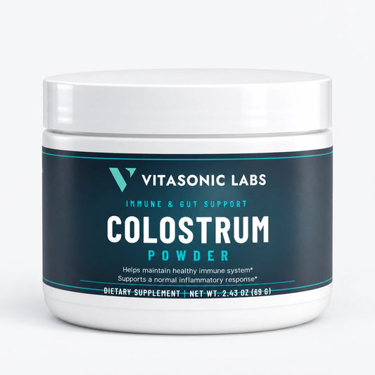 Vitasonic Labs Colostrum Powder, front-facing container on pale gray background