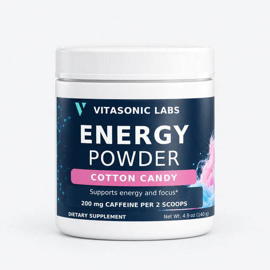 Vitasonic Labs Energy Powder (Cotton Candy) — front product packshot on a pale neutral background