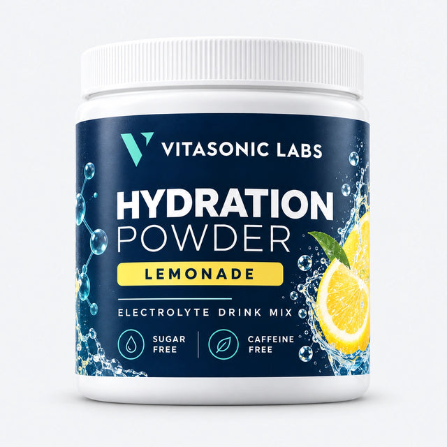 Vitasonic Labs Hydration Powder lemonade, front-facing tub on pale gray background