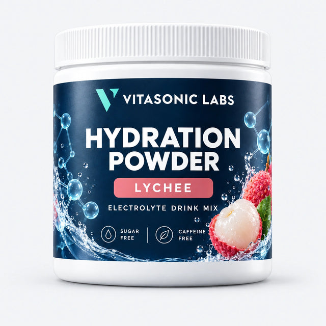 Vitasonic Labs Hydration Powder lychee, front-facing tub on pale gray background