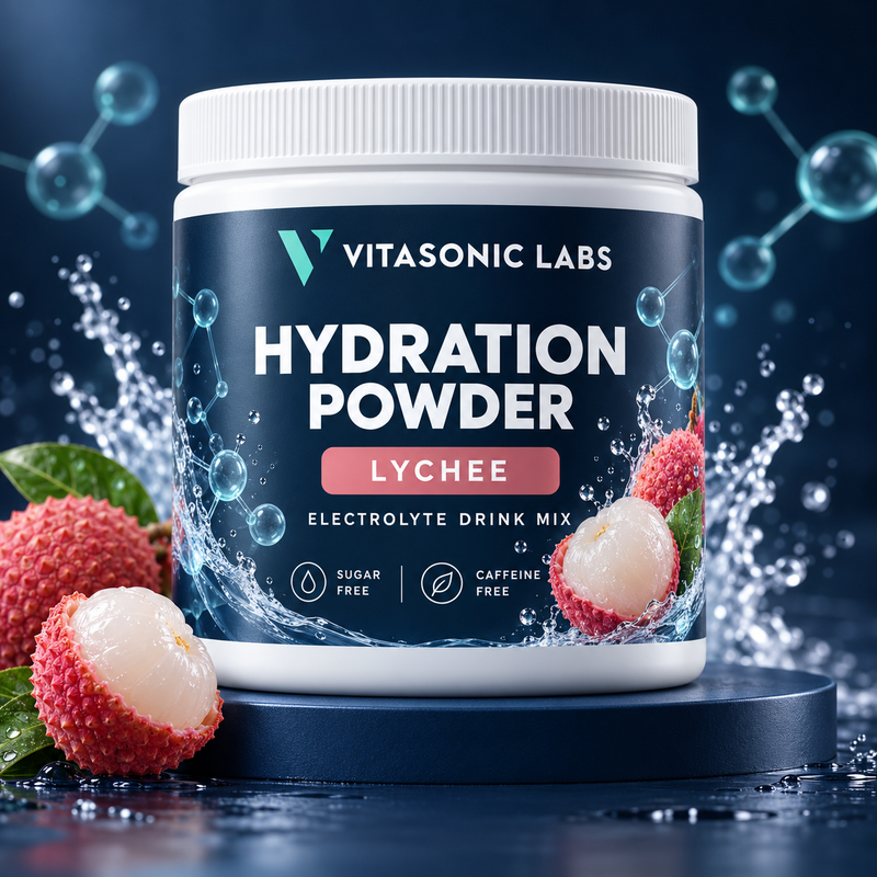 Vitasonic Labs Hydration Powder lychee — original premium splash scene