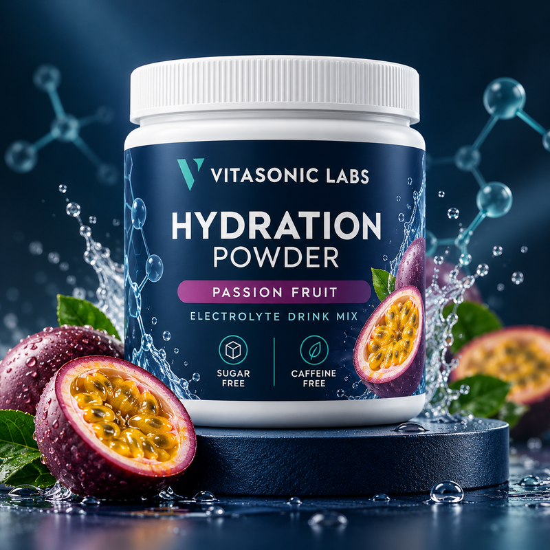 Vitasonic Labs Hydration Powder passion fruit — original premium splash scene