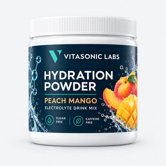 Vitasonic Labs Hydration Powder peach mango, front-facing tub on pale gray background
