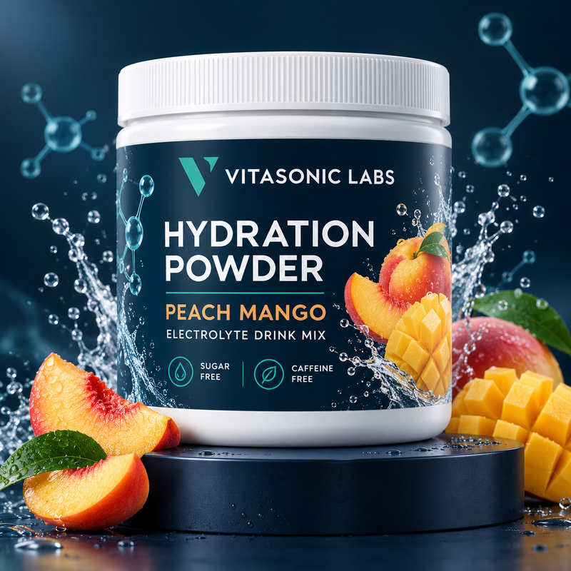 Vitasonic Labs Hydration Powder peach mango — original premium splash scene