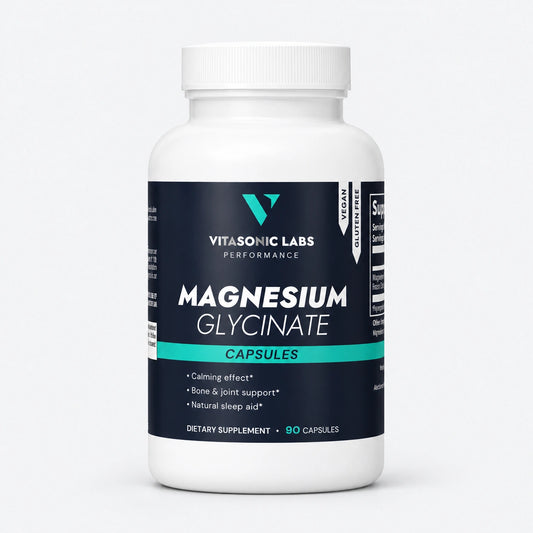 Vitasonic Labs Magnesium Glycinate, front-facing container on a pale gray background