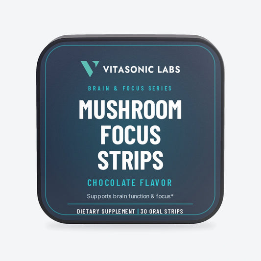 Vitasonic Labs Mushroom Focus Strips, closed navy tin on pale gray background