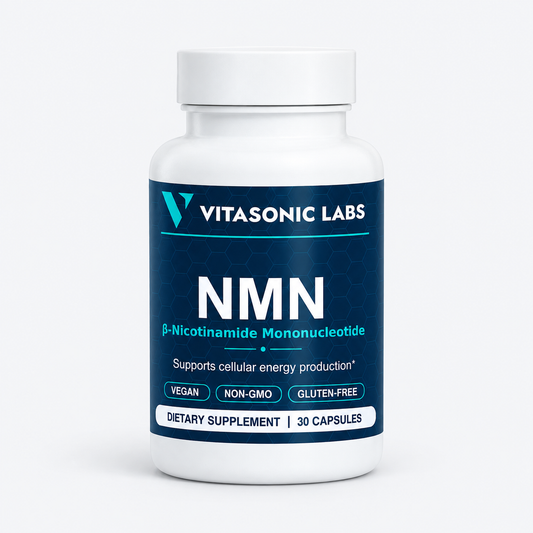 Vitasonic Labs NMN, front-facing bottle on a pale gray background