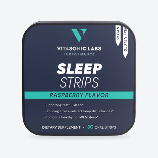 Vitasonic Labs Sleep Strips, closed navy tin on pale gray background
