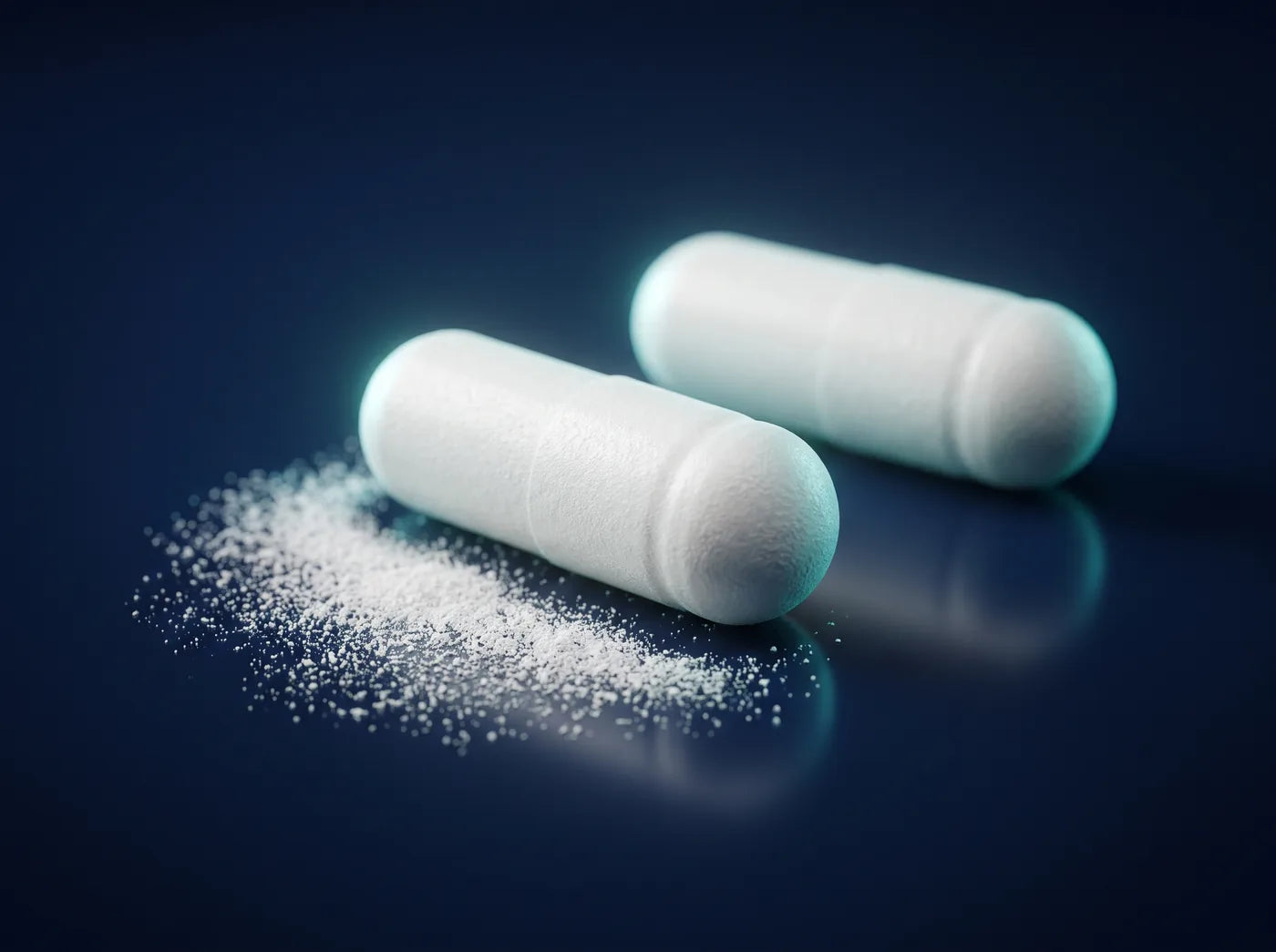 Macro photograph of white NMN capsules with fine powder on a navy surface