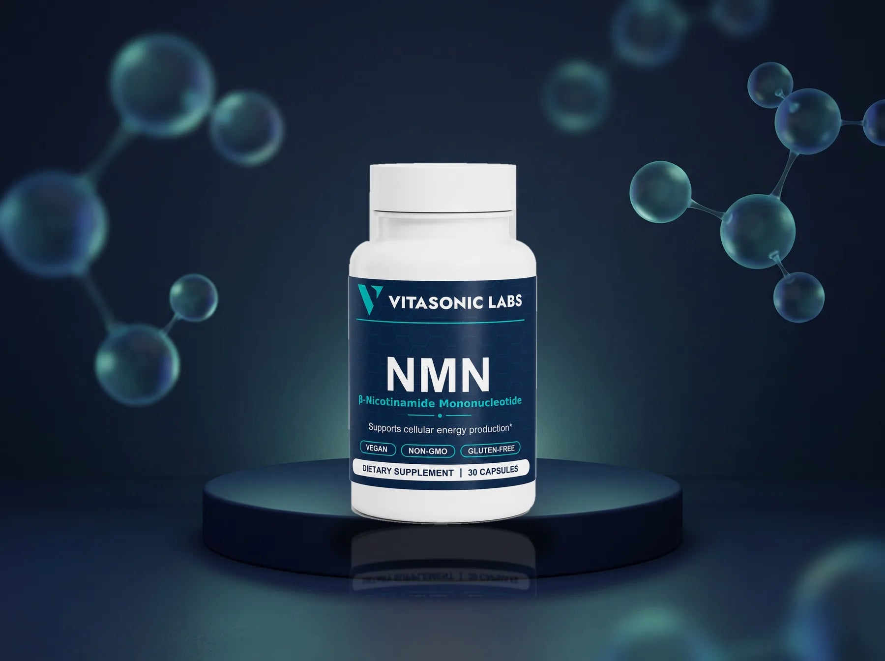 Vitasonic Labs NMN bottle on a navy pedestal surrounded by molecular forms