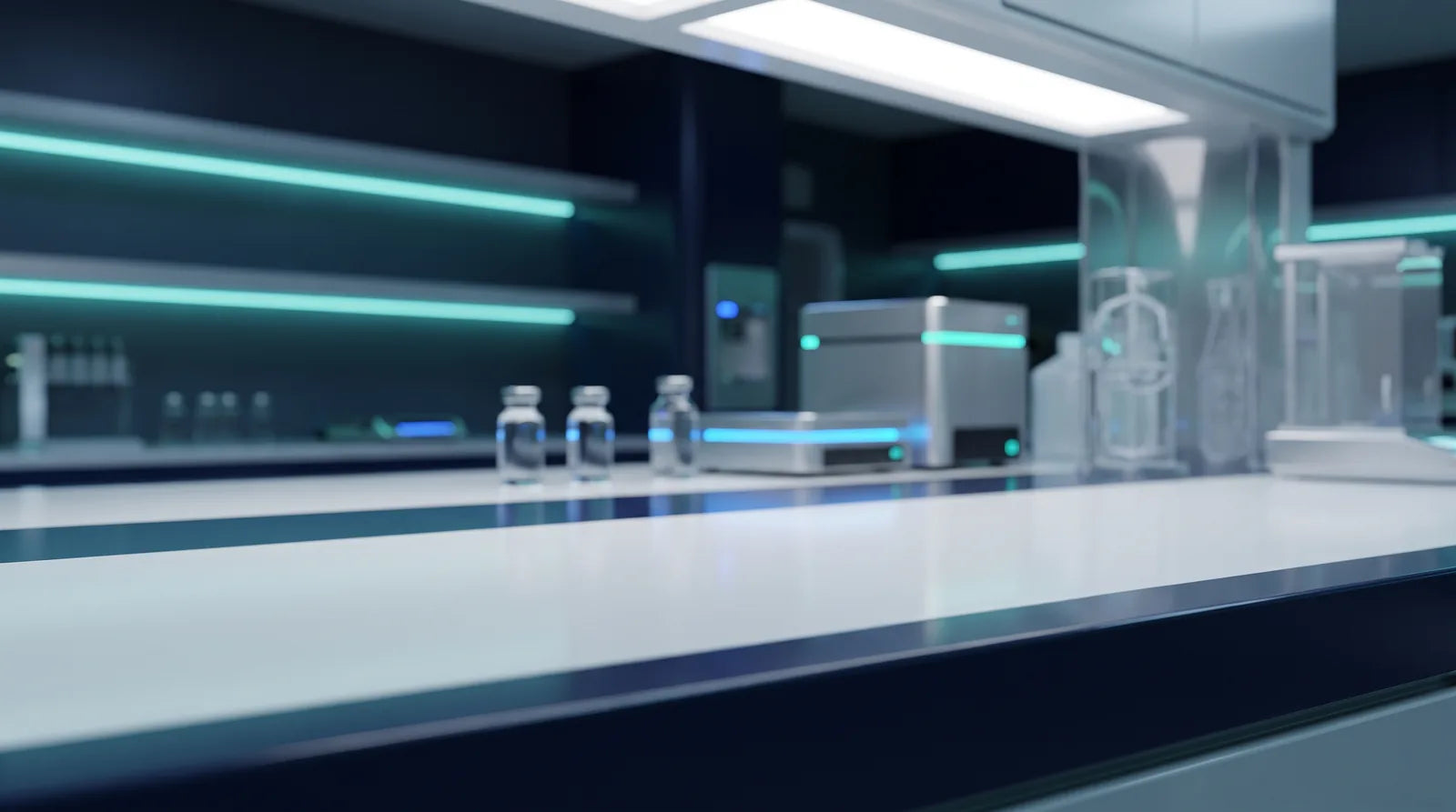 Clean analytical laboratory bench with vials and testing equipment