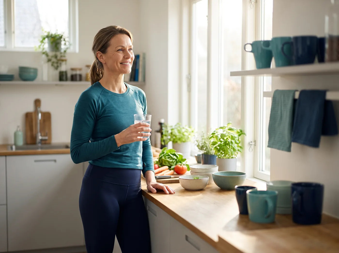 Woman enjoying a healthy morning routine in a bright kitchen